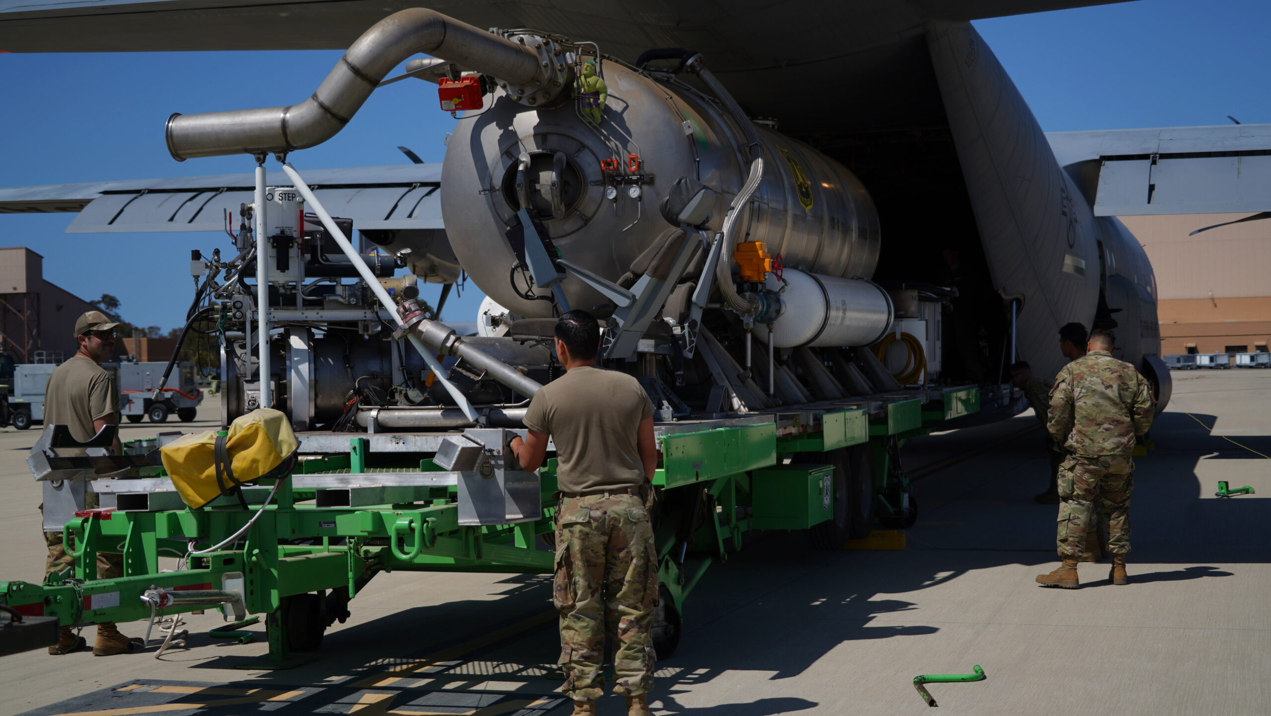 U.S. Air Force personnel from the 146th Airlift Wing load the U.S. Forest Service's Modular Airborne Firefighting System (MAFFS) inside a C-130J Super Hercules aircraft attached to the 115th Airlift Squadron at the Channel Islands Air National Guard Station, Port Hueneme, California, Apri 21, 2022. MAFFS is a portable fire retardant delivery system that can be inserted into an aircraft, temporarily converting it into a fire fighting airtanker that can lay retardant lines to help control wildfires. The MAFFS program has been a partnership between the U.S. Forest Service and the Department of Defense since the early 1970s. (U.S. Air National Guard photo by Staff Sgt. Michelle Ulber)